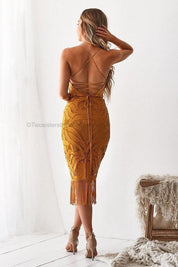 Khaleesi Dress - Mustard - Lace Dress With Fringe