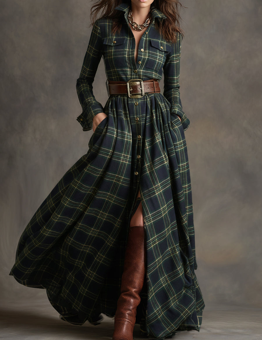 Bravira | Plaid Belted Lapel Maxi Dress