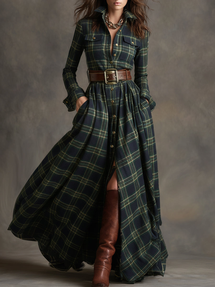 Bravira | Plaid Belted Lapel Maxi Dress