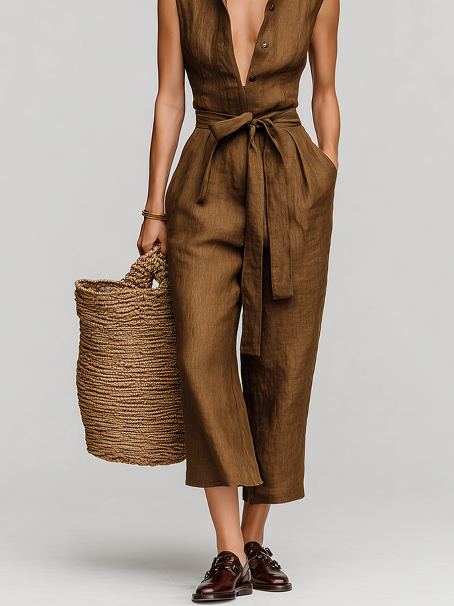 Torvella - Women’s Linen Tie Waist Jumpsuit