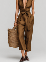 Torvella - Women’s Linen Tie Waist Jumpsuit