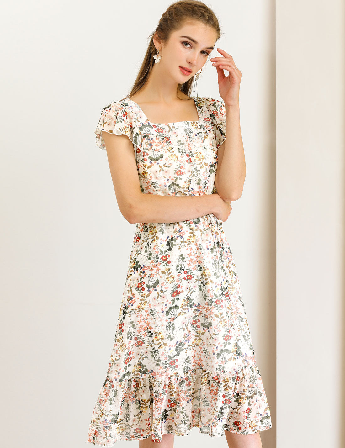 Florvella - Women’s Floral Square Neck A-Line Dress