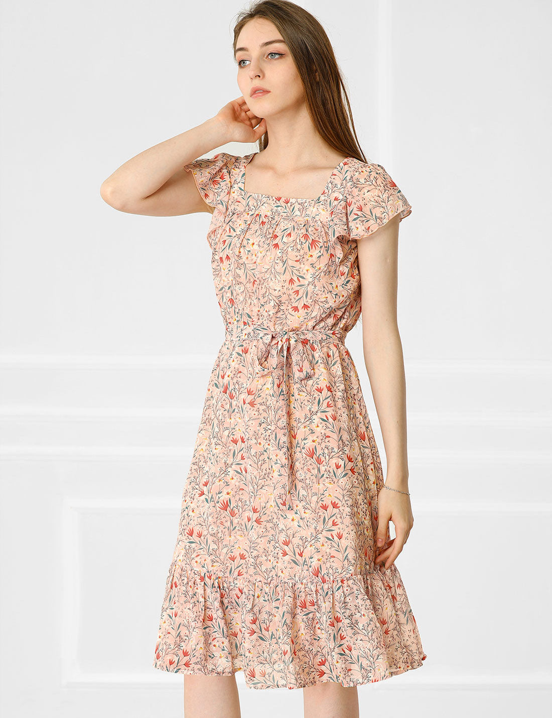 Florvella - Women’s Floral Square Neck A-Line Dress