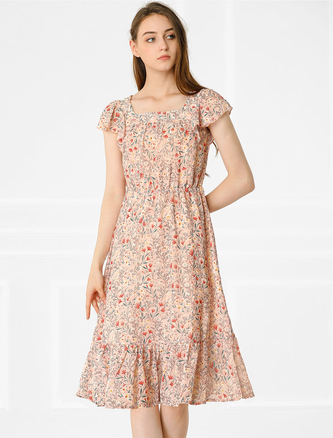 Florvella - Women’s Floral Square Neck A-Line Dress