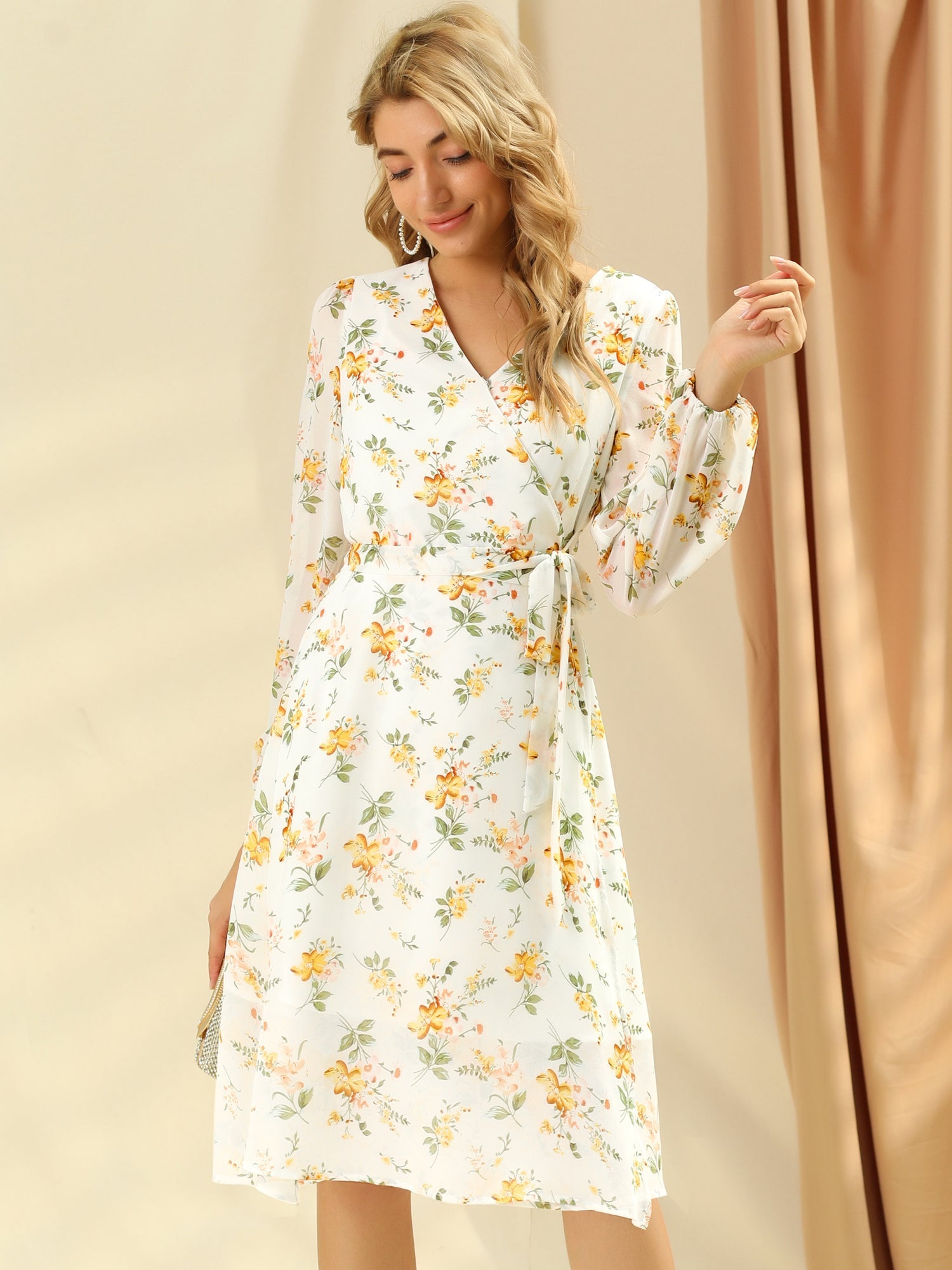 Florivelle - Women’s Wrap V-Neck Floral Midi Dress