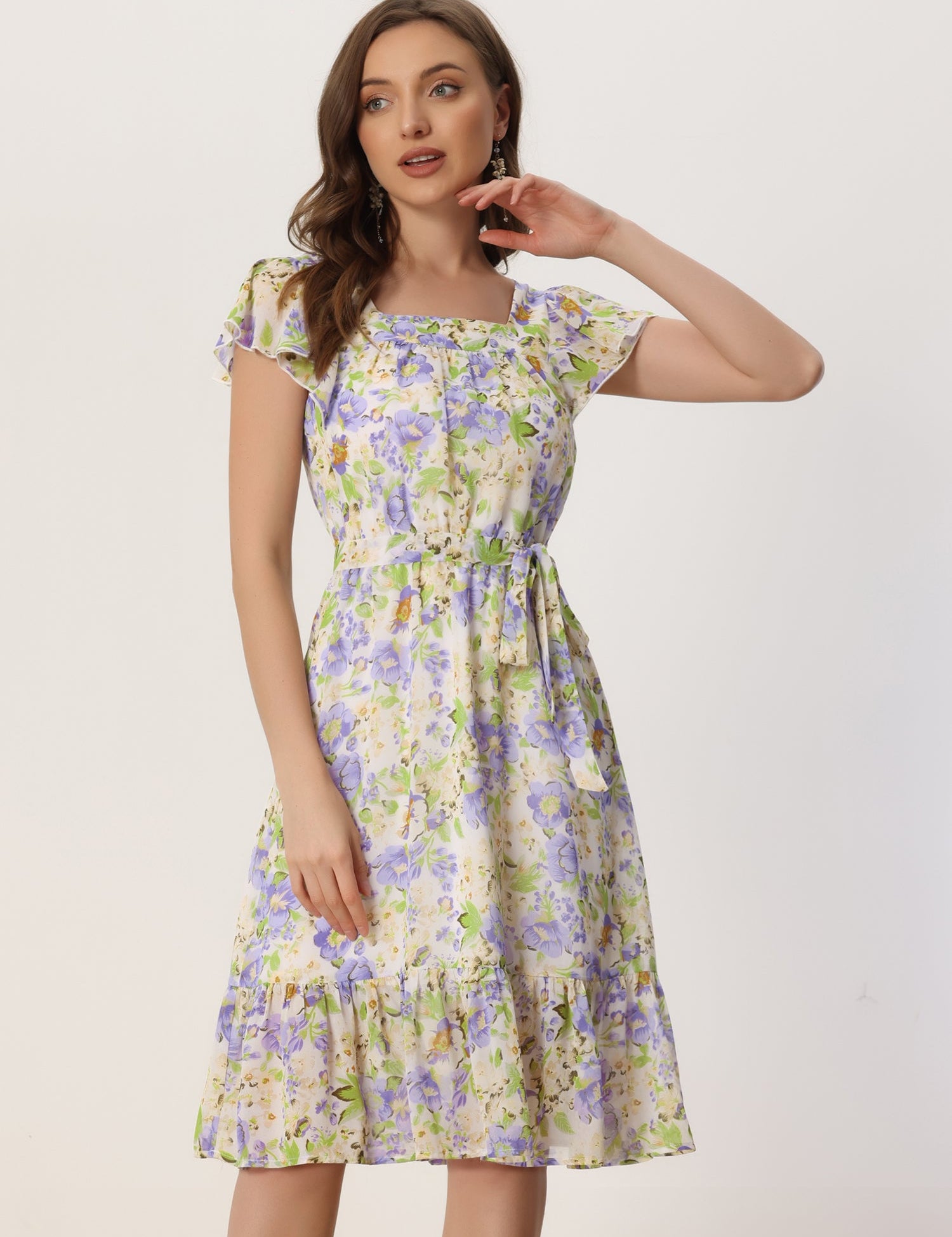 Florvella - Women’s Floral Square Neck A-Line Dress