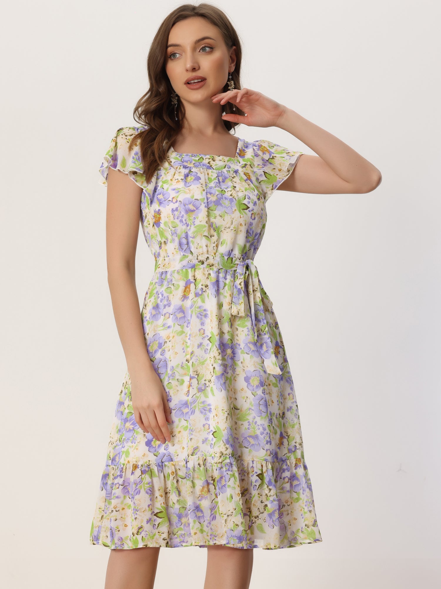 Florvella - Women’s Floral Square Neck A-Line Dress