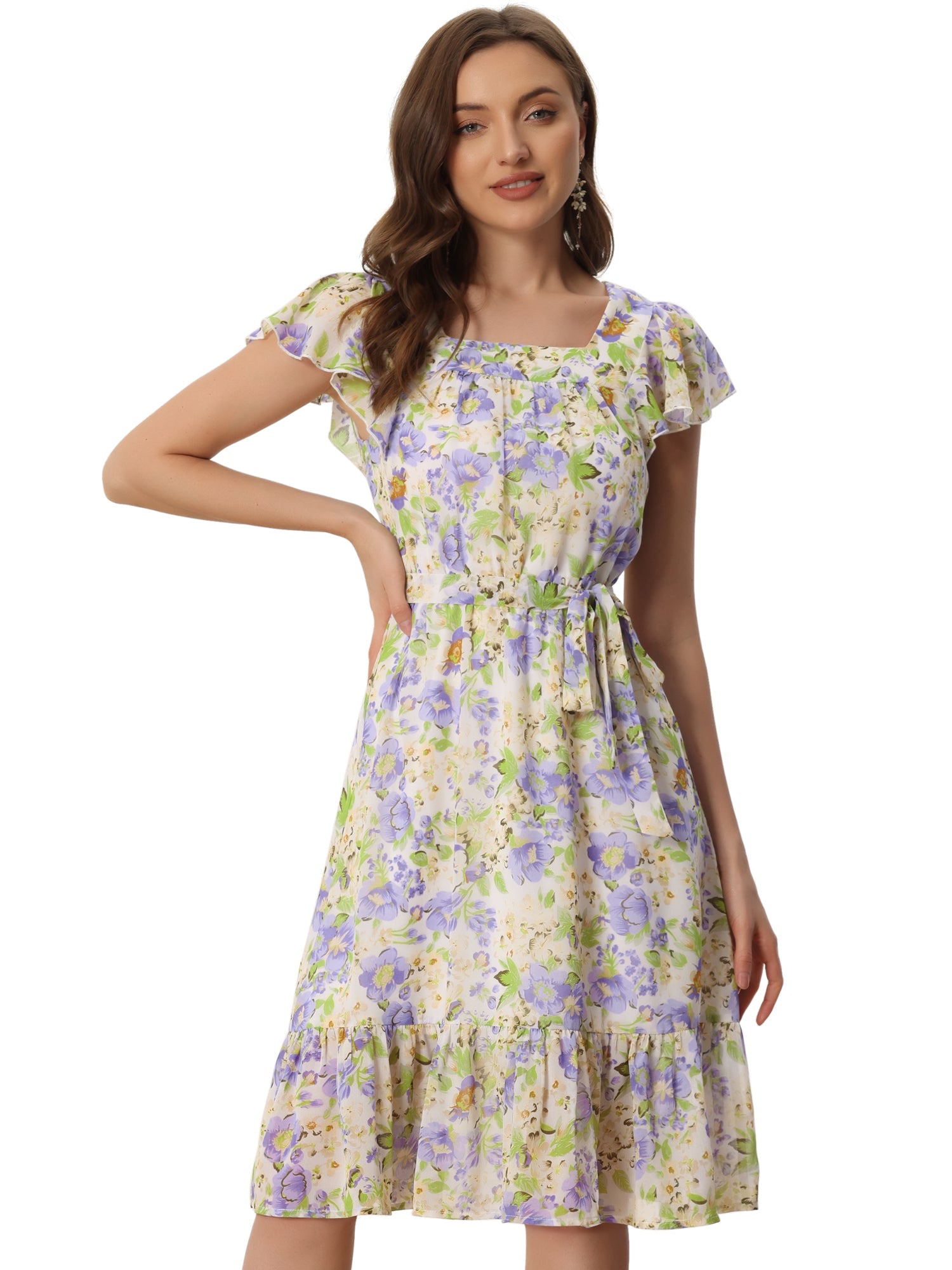Florvella - Women’s Floral Square Neck A-Line Dress