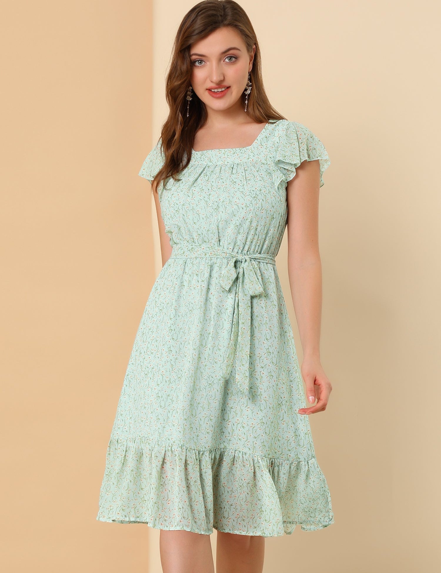Florvella - Women’s Floral Square Neck A-Line Dress