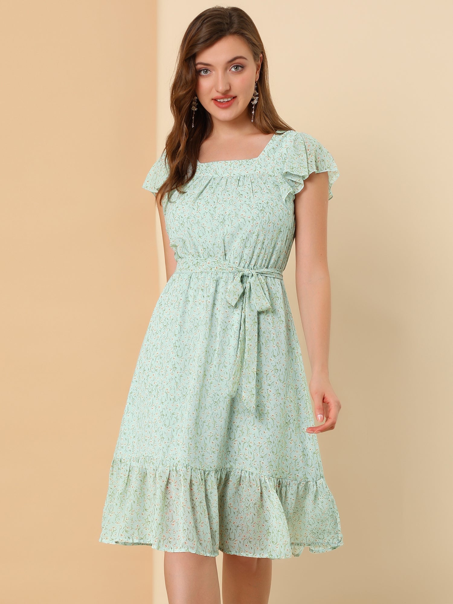 Florvella - Women’s Floral Square Neck A-Line Dress