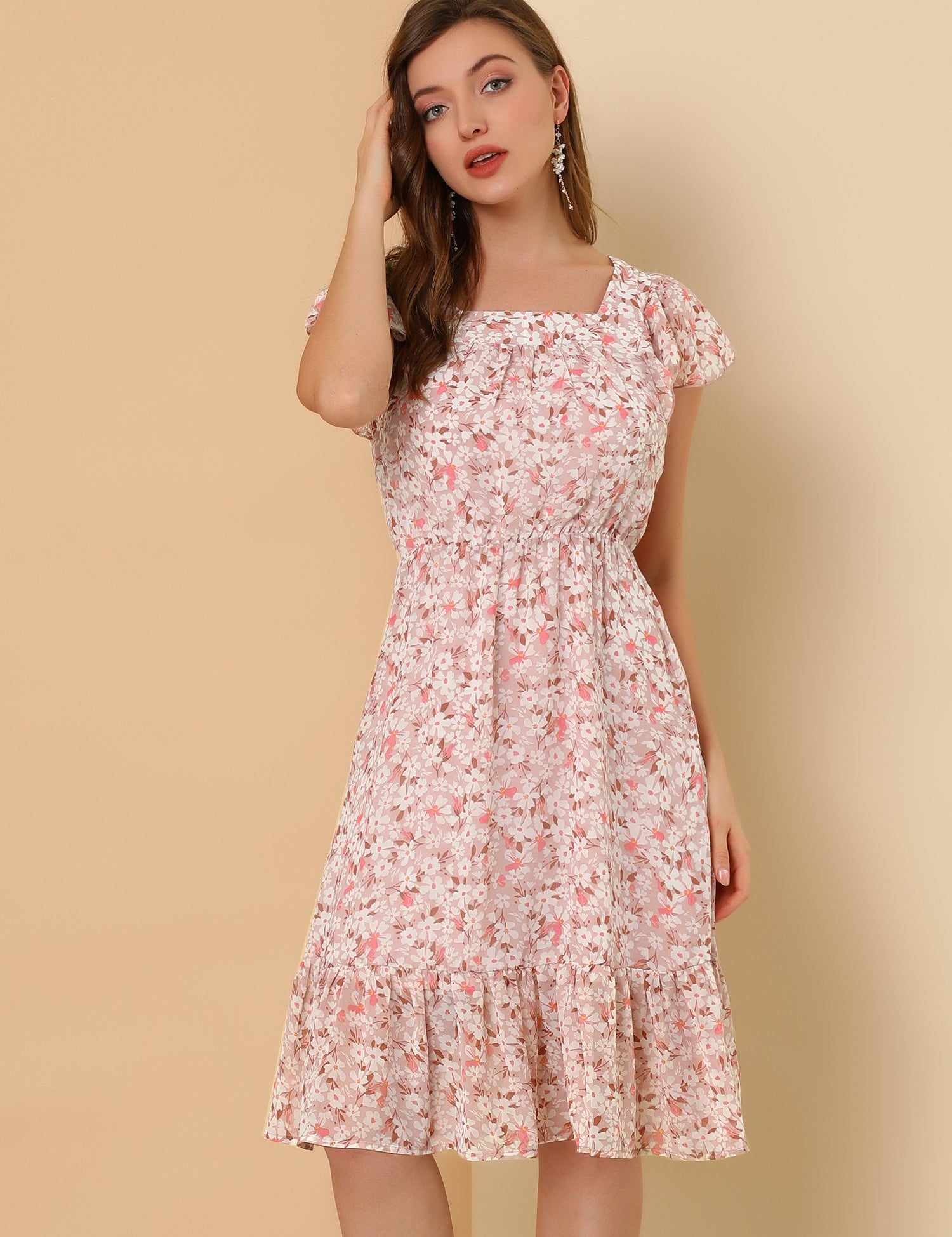 Florvella - Women’s Floral Square Neck A-Line Dress