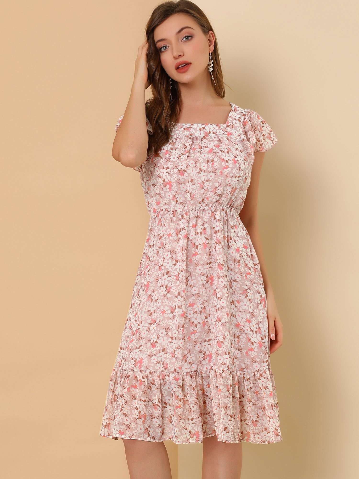Florvella - Women’s Floral Square Neck A-Line Dress