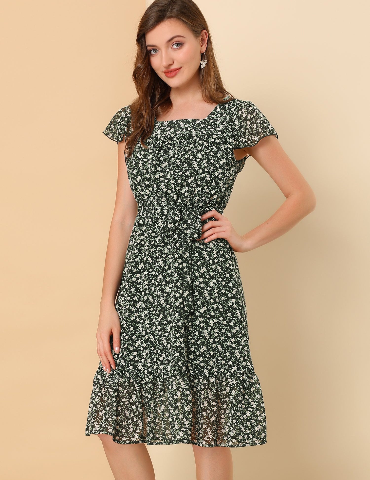 Florvella - Women’s Floral Square Neck A-Line Dress