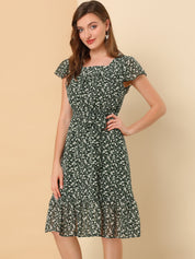 Florvella - Women’s Floral Square Neck A-Line Dress