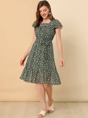 Florvella - Women’s Floral Square Neck A-Line Dress
