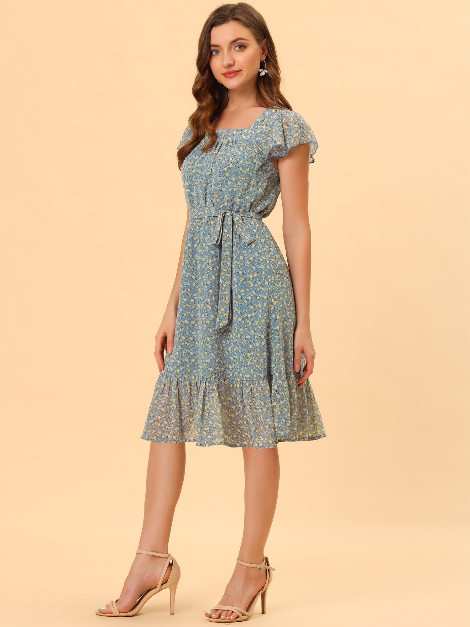 Florvella - Women’s Floral Square Neck A-Line Dress