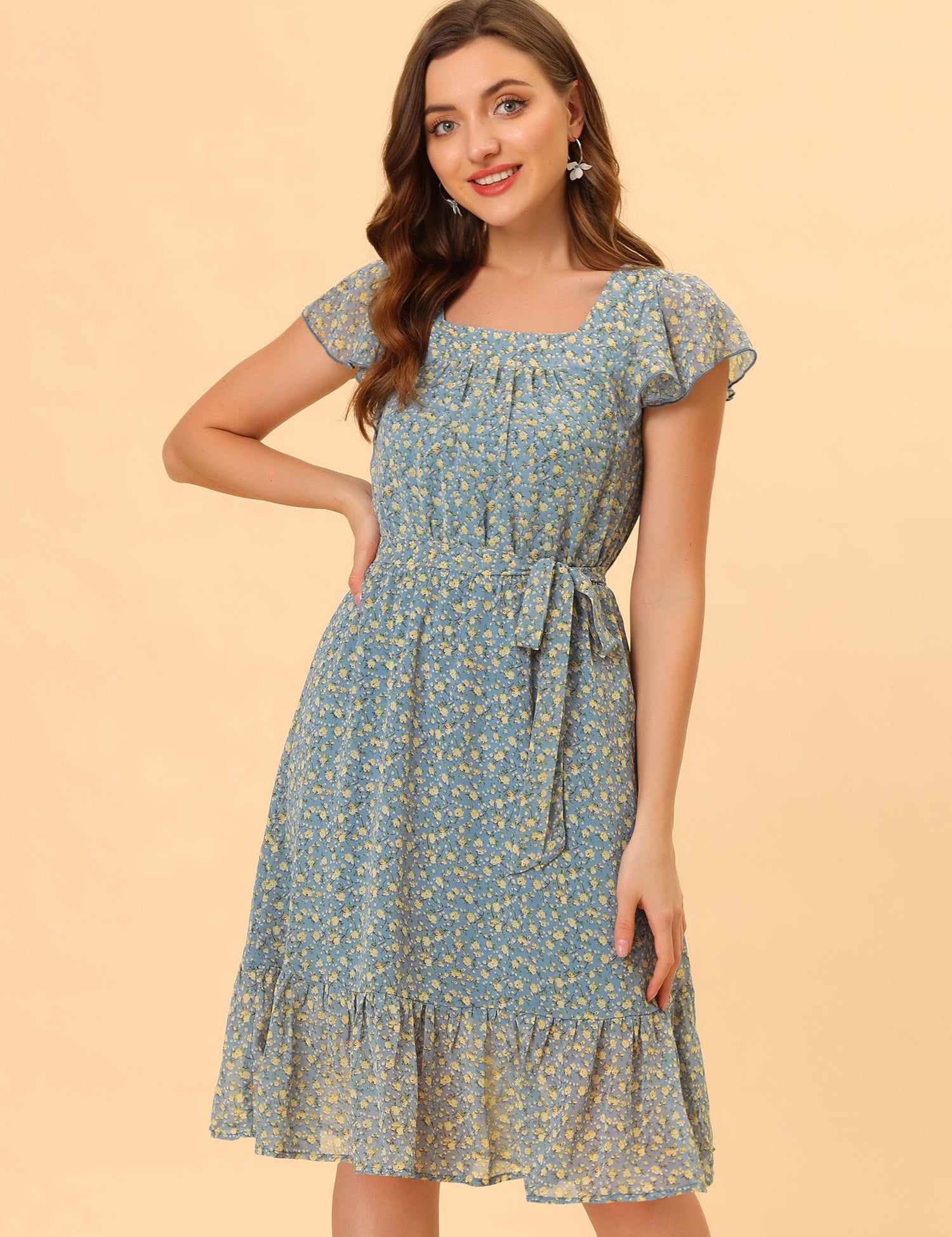 Florvella - Women’s Floral Square Neck A-Line Dress