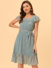 Florvella - Women’s Floral Square Neck A-Line Dress