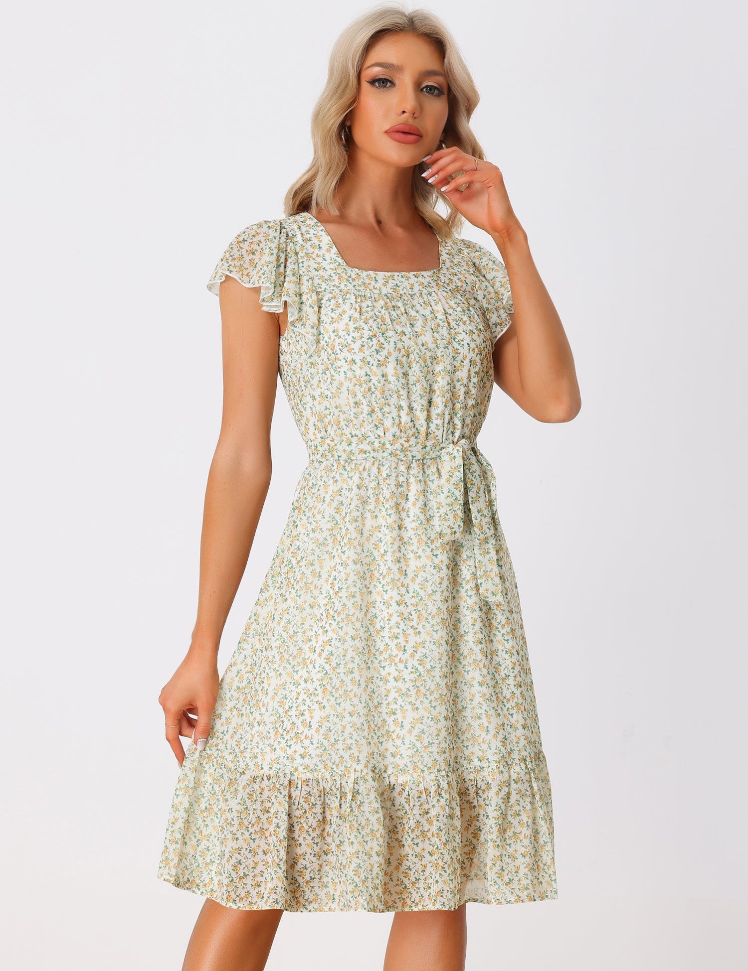 Florvella - Women’s Floral Square Neck A-Line Dress