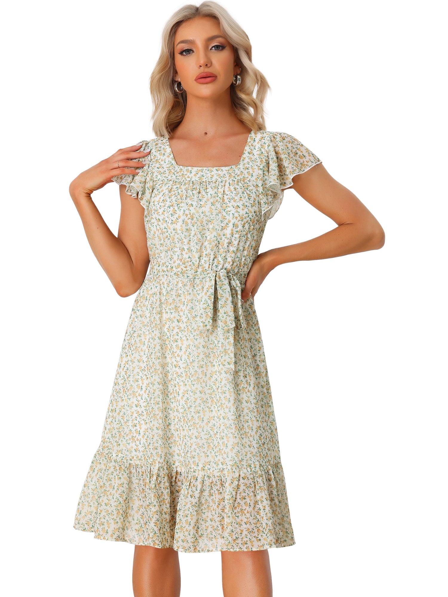 Florvella - Women’s Floral Square Neck A-Line Dress