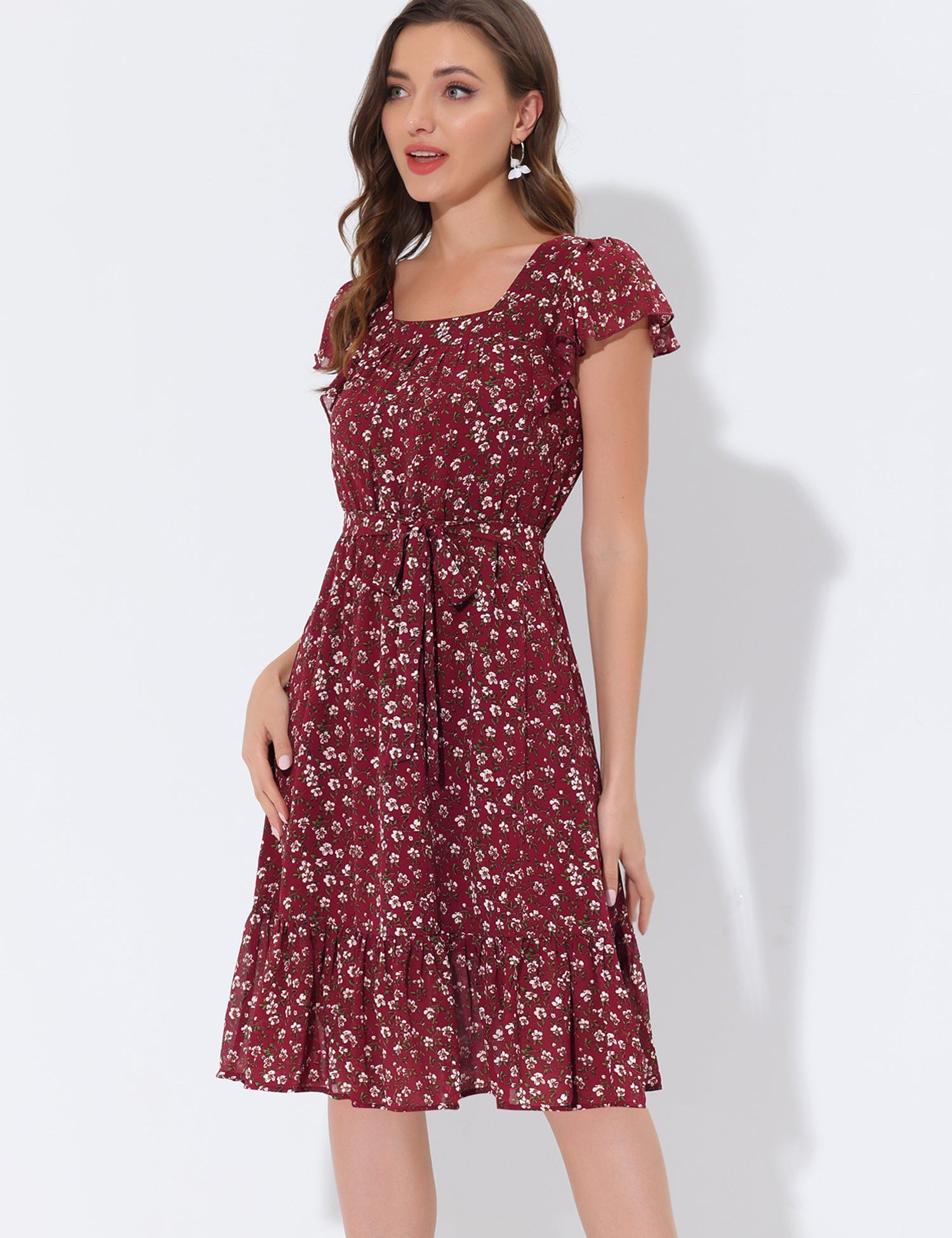 Florvella - Women’s Floral Square Neck A-Line Dress