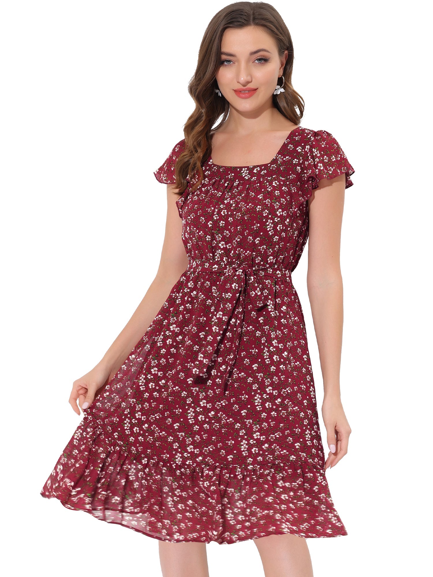 Florvella - Women’s Floral Square Neck A-Line Dress