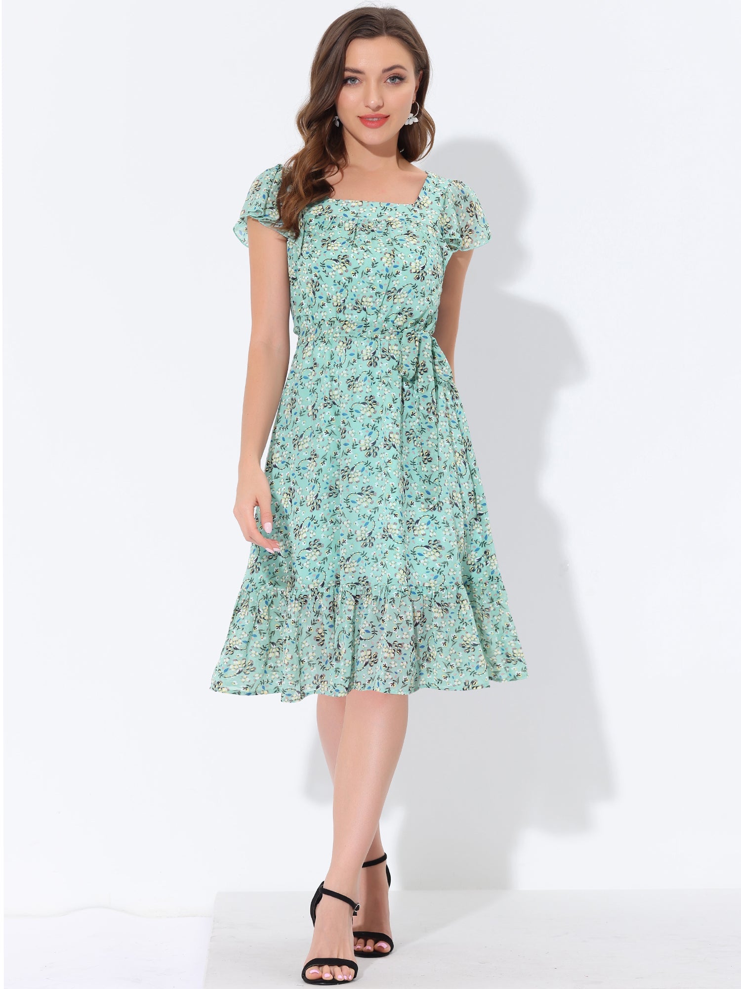 Florvella - Women’s Floral Square Neck A-Line Dress