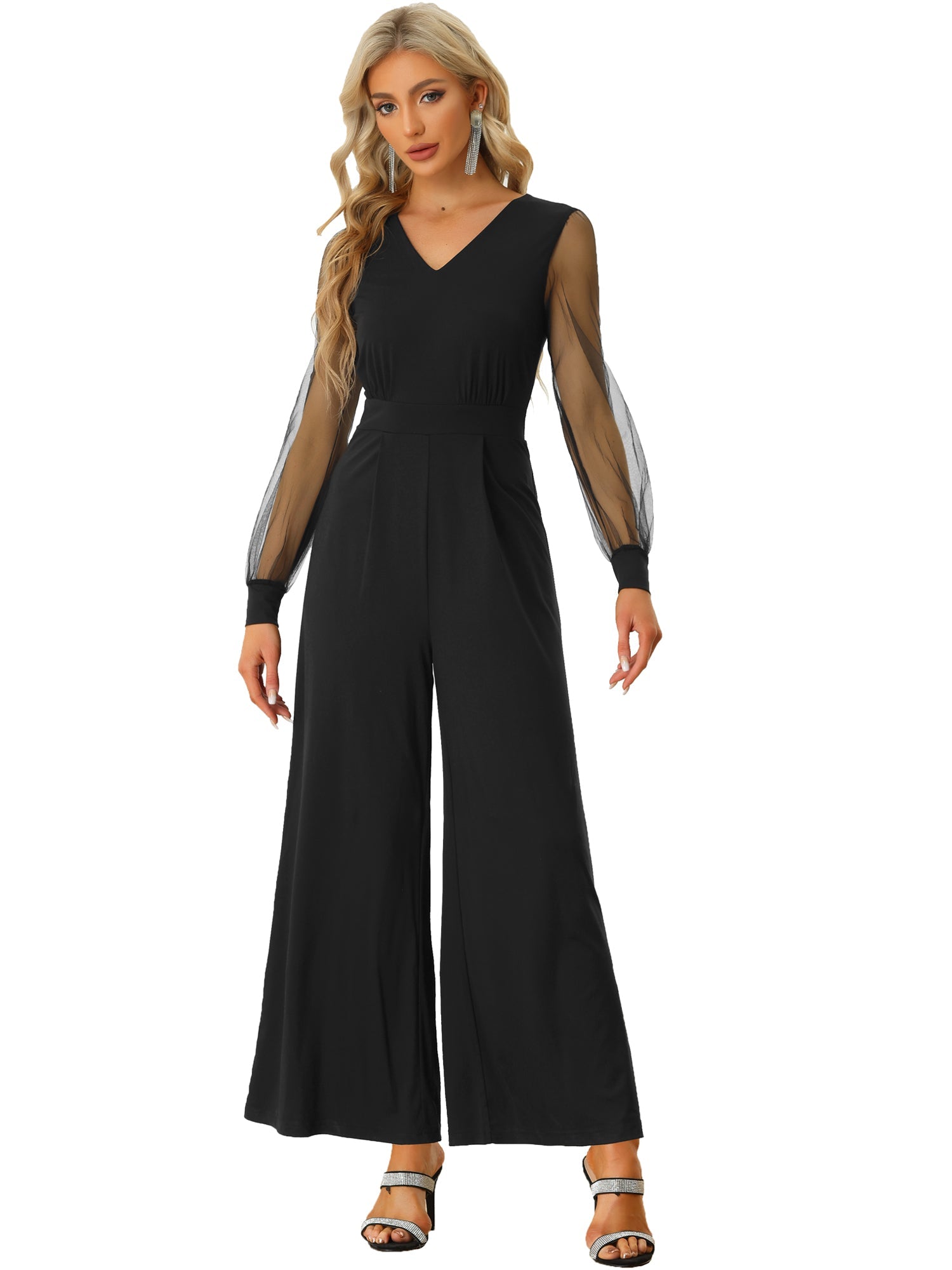 Meshvella - Women’s V-Neck Wide Leg Jumpsuit