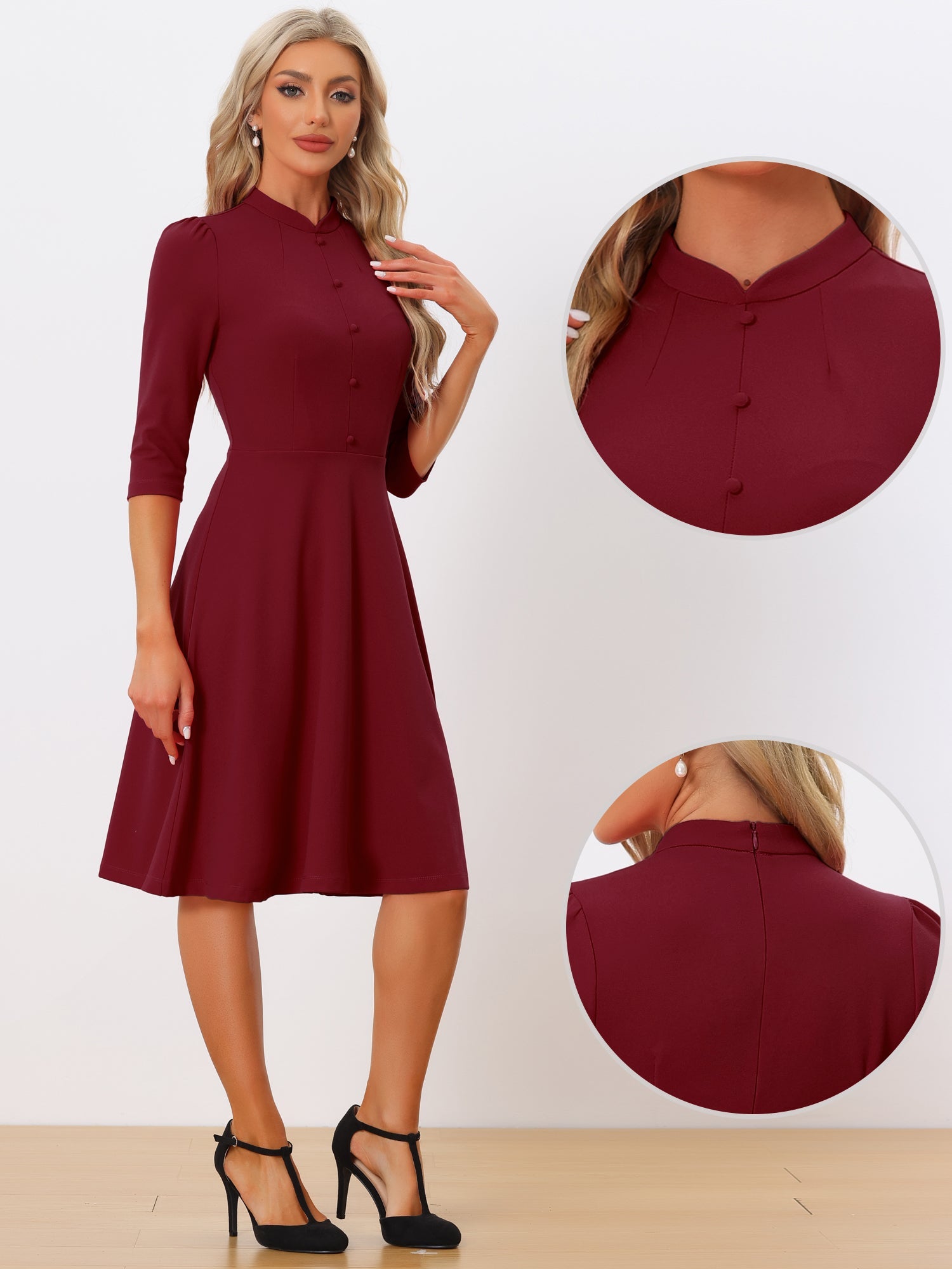 Clarivelle – Women’s Stand Collar Button Detail Dress