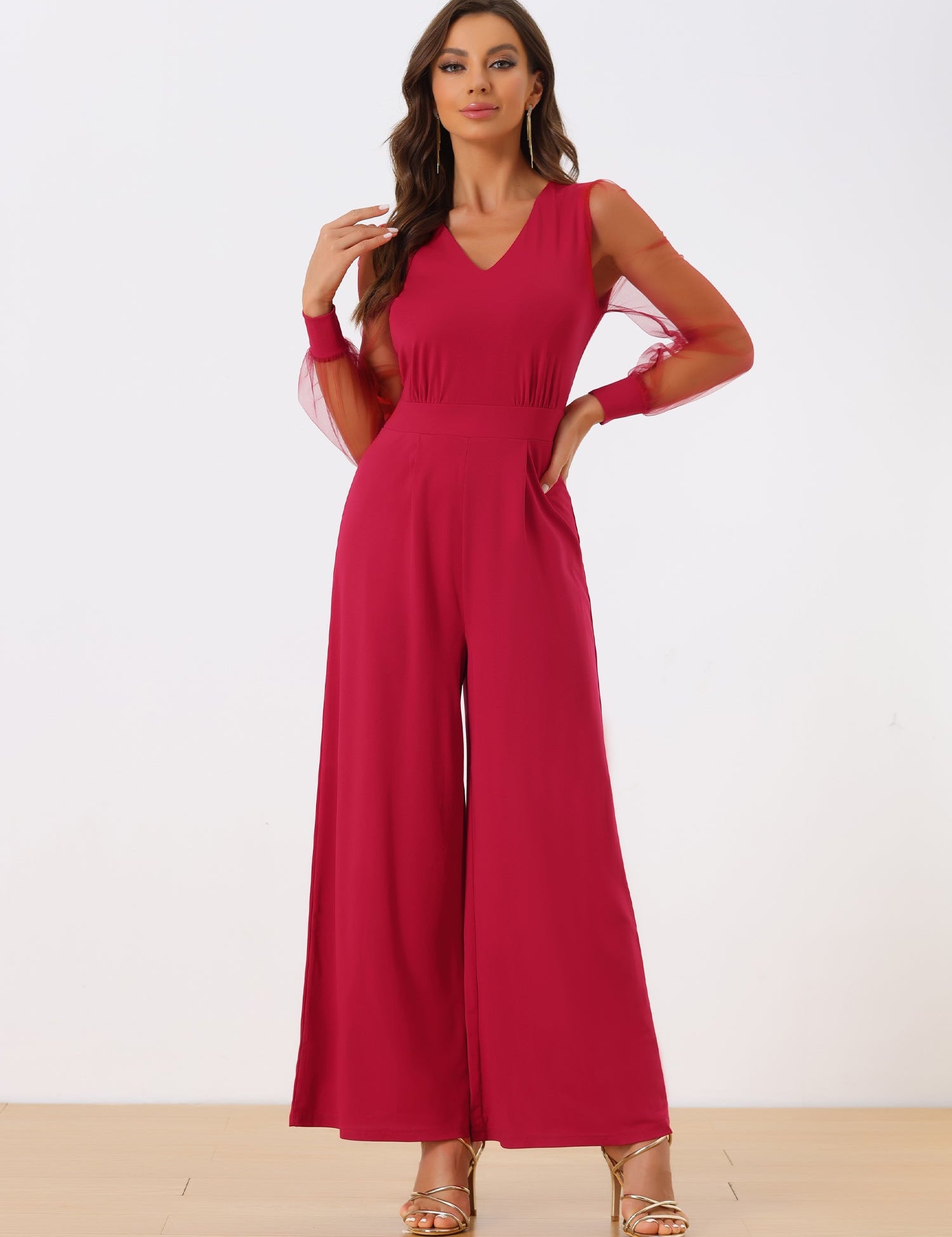 Meshvella - Women’s V-Neck Wide Leg Jumpsuit