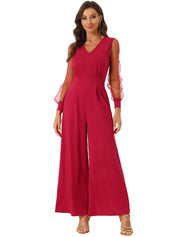 Meshvella - Women’s V-Neck Wide Leg Jumpsuit