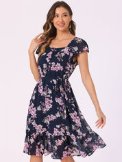 Florvella - Women’s Floral Square Neck A-Line Dress