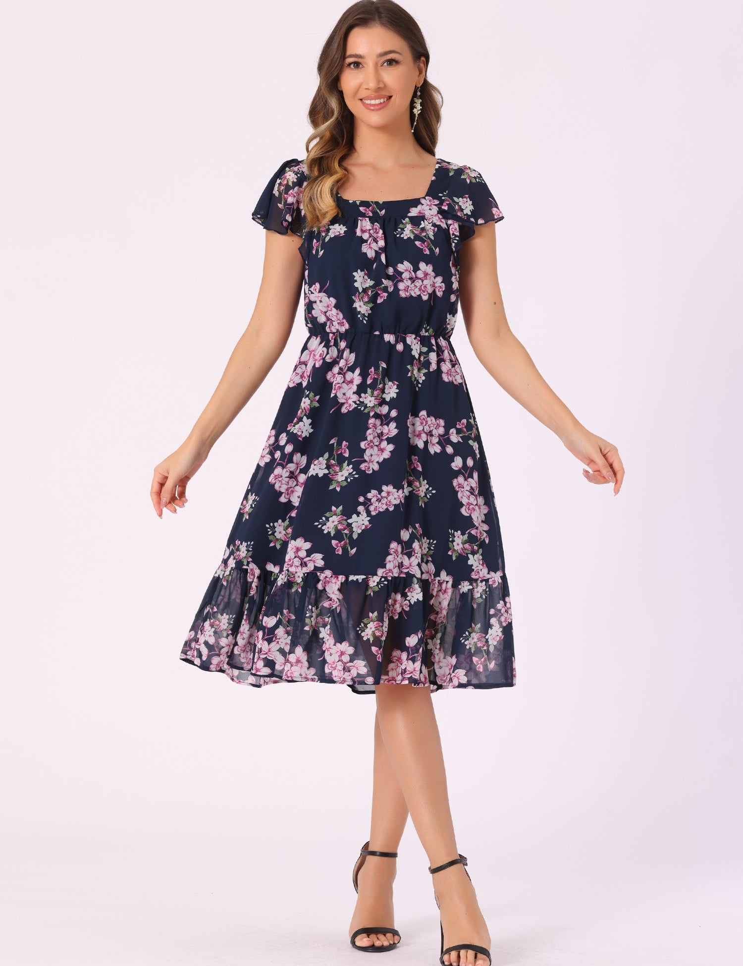 Florvella - Women’s Floral Square Neck A-Line Dress
