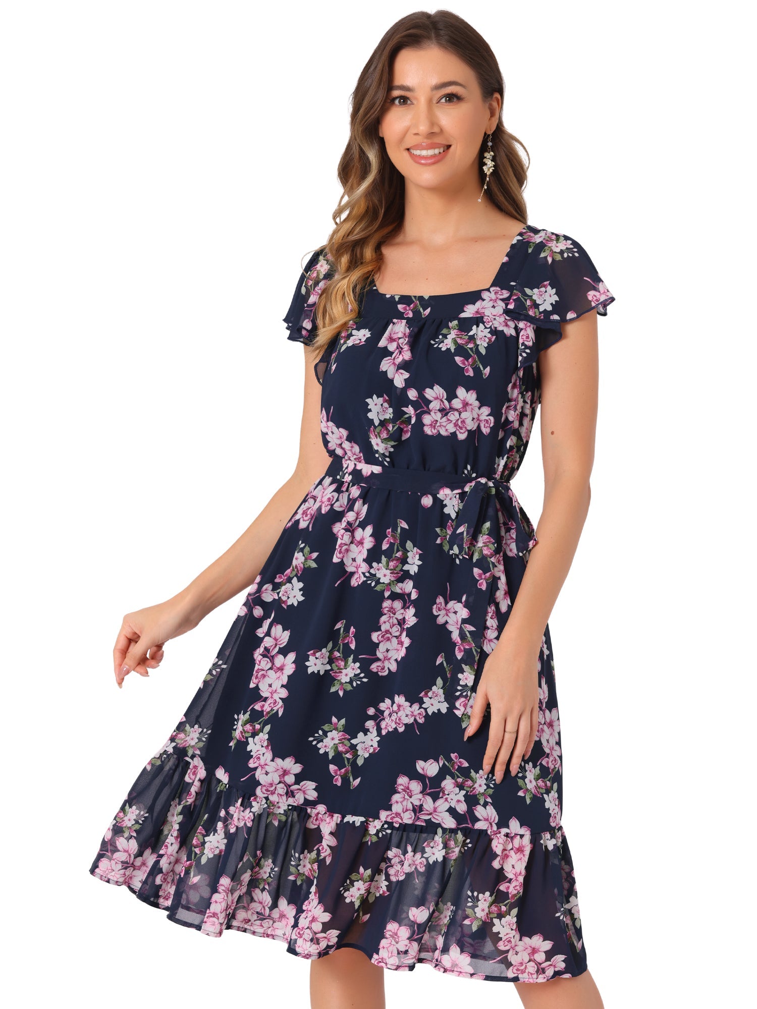 Florvella - Women’s Floral Square Neck A-Line Dress
