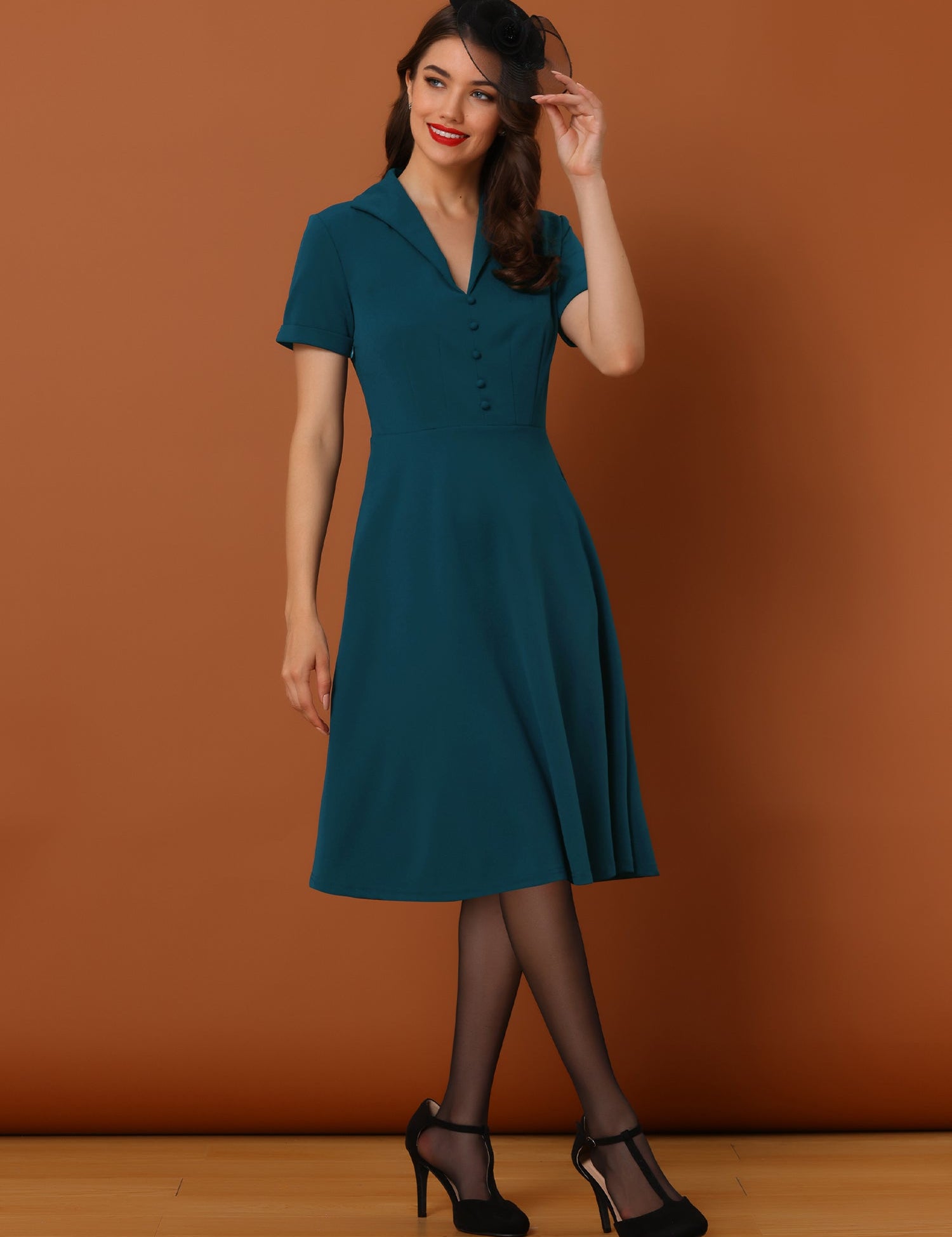 Elvaria – Women’s Vintage Collar Fit & Flare Midi Dress