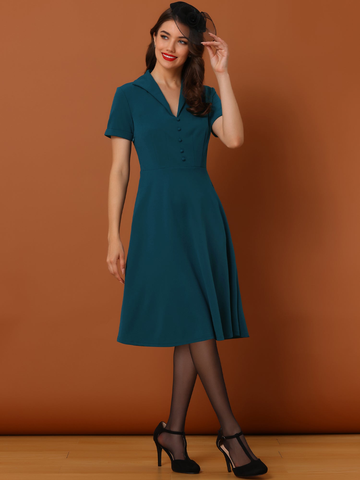 Elvaria – Women’s Vintage Collar Fit & Flare Midi Dress