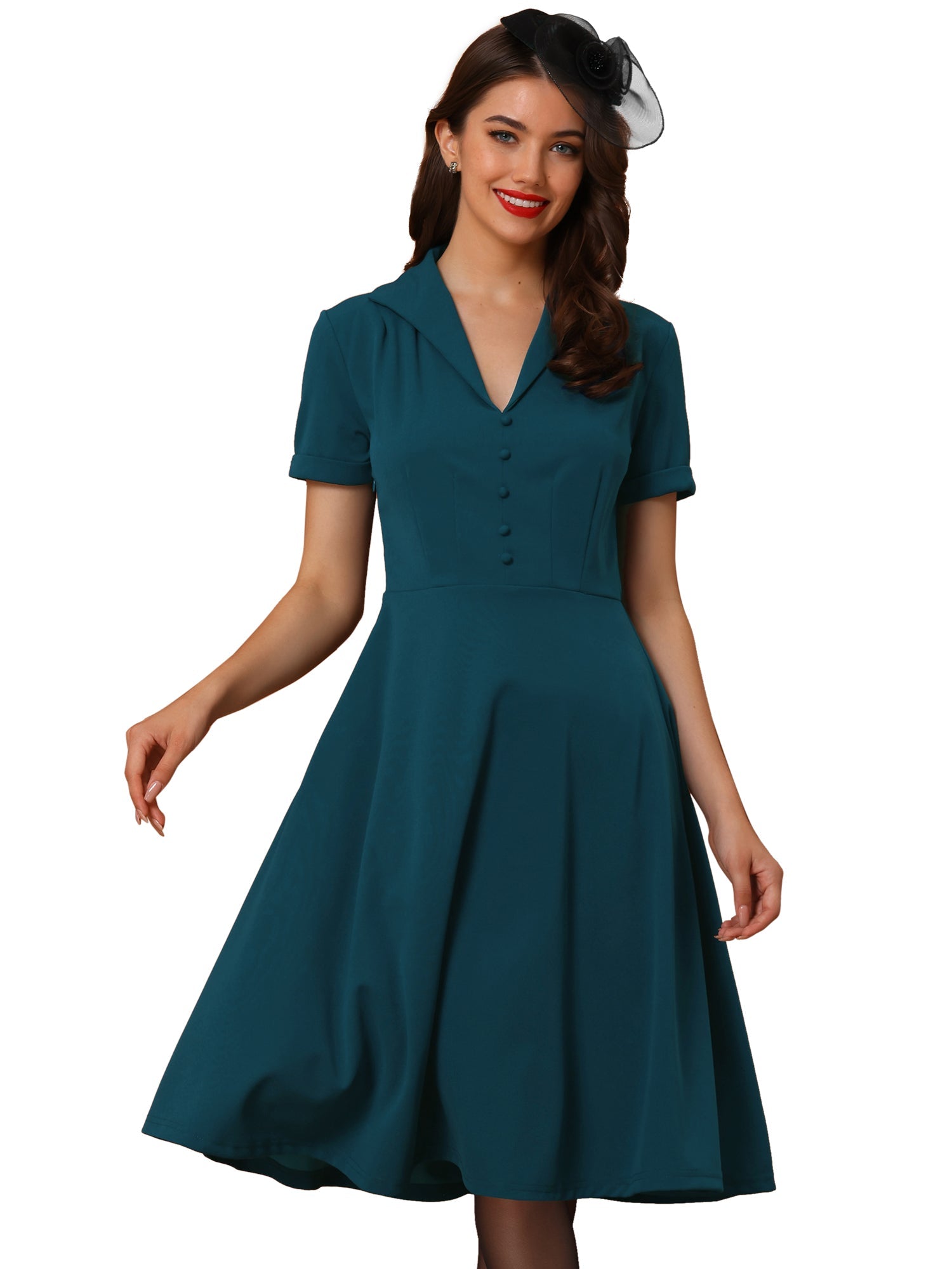 Elvaria – Women’s Vintage Collar Fit & Flare Midi Dress