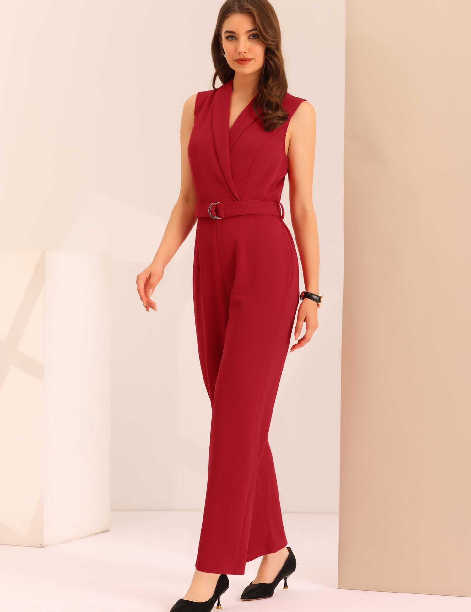 Luvessa – Women’s Sleeveless Belted Office Jumpsuit