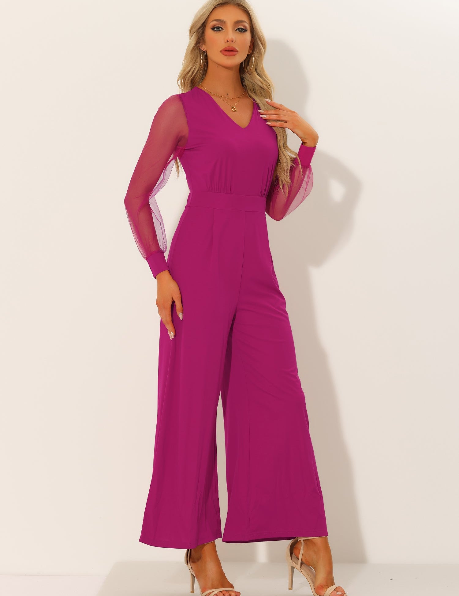 Meshvella - Women’s V-Neck Wide Leg Jumpsuit