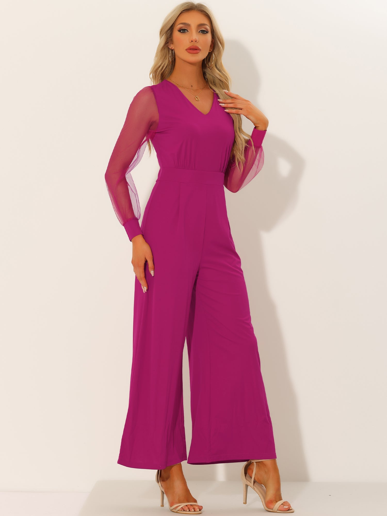 Meshvella - Women’s V-Neck Wide Leg Jumpsuit