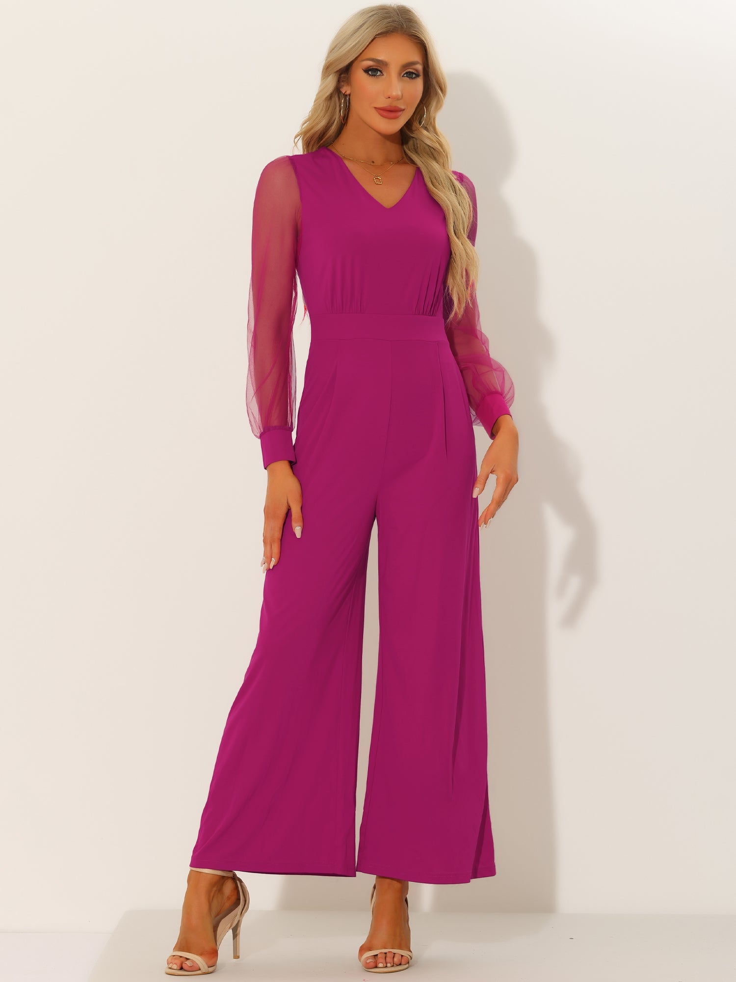 Meshvella - Women’s V-Neck Wide Leg Jumpsuit