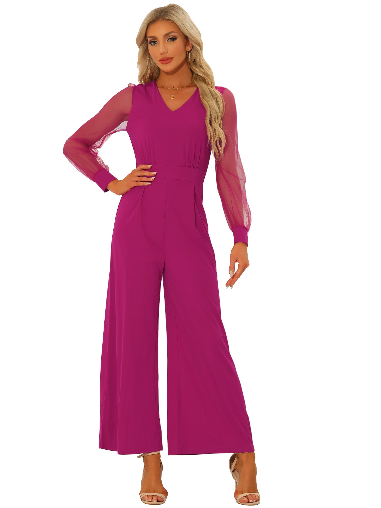 Meshvella - Women’s V-Neck Wide Leg Jumpsuit