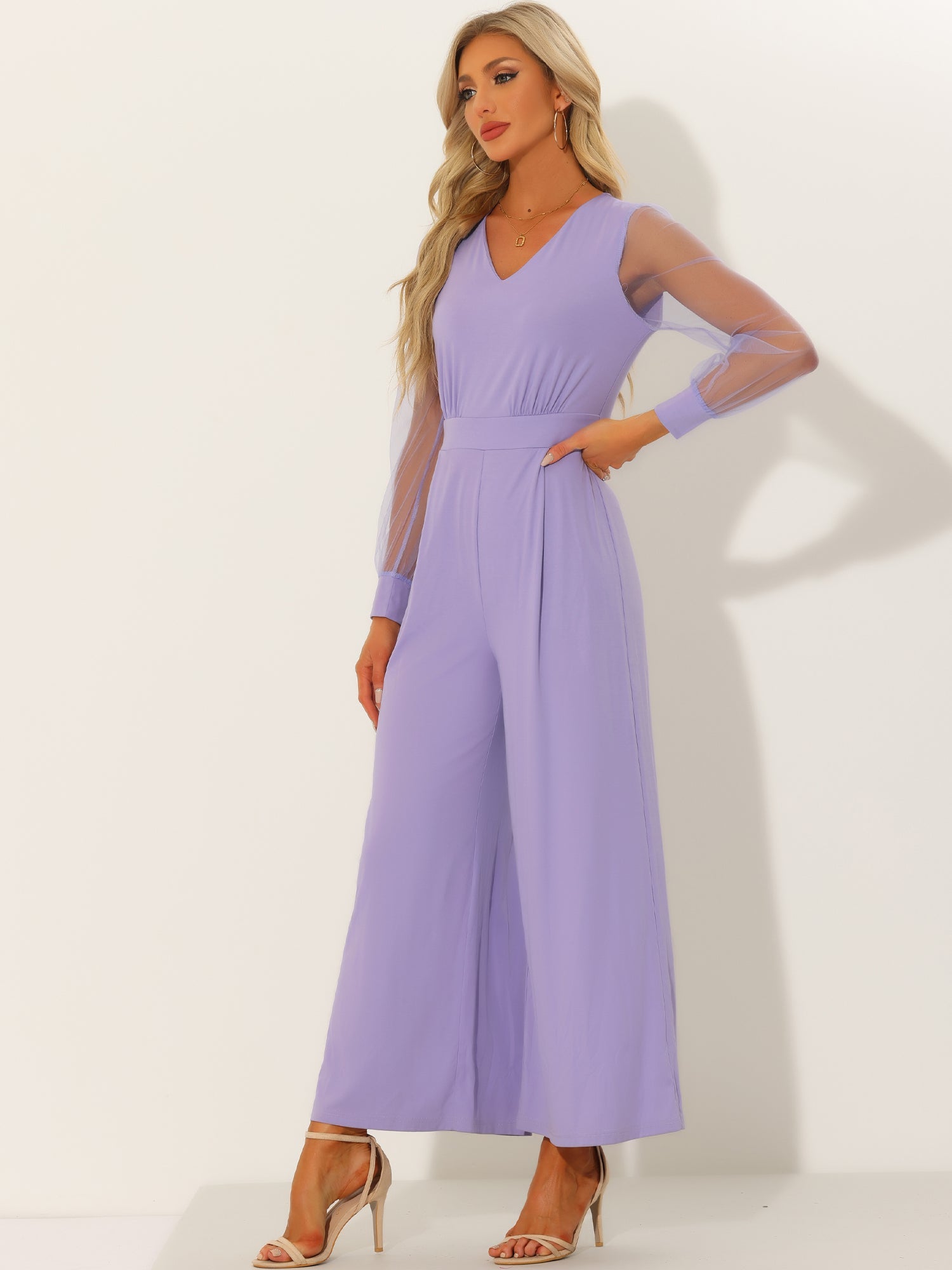 Meshvella - Women’s V-Neck Wide Leg Jumpsuit