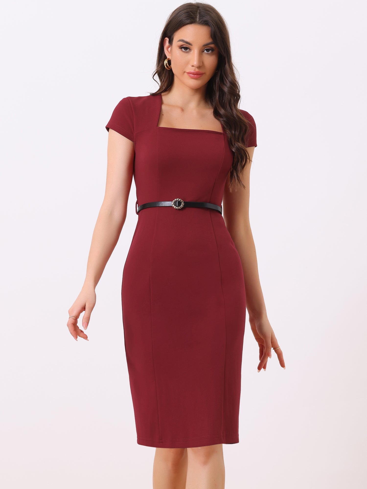 Seravelle – Women’s Square Neck Belted Midi Sheath Dress