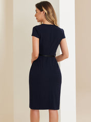 Seravelle – Women’s Square Neck Belted Midi Sheath Dress