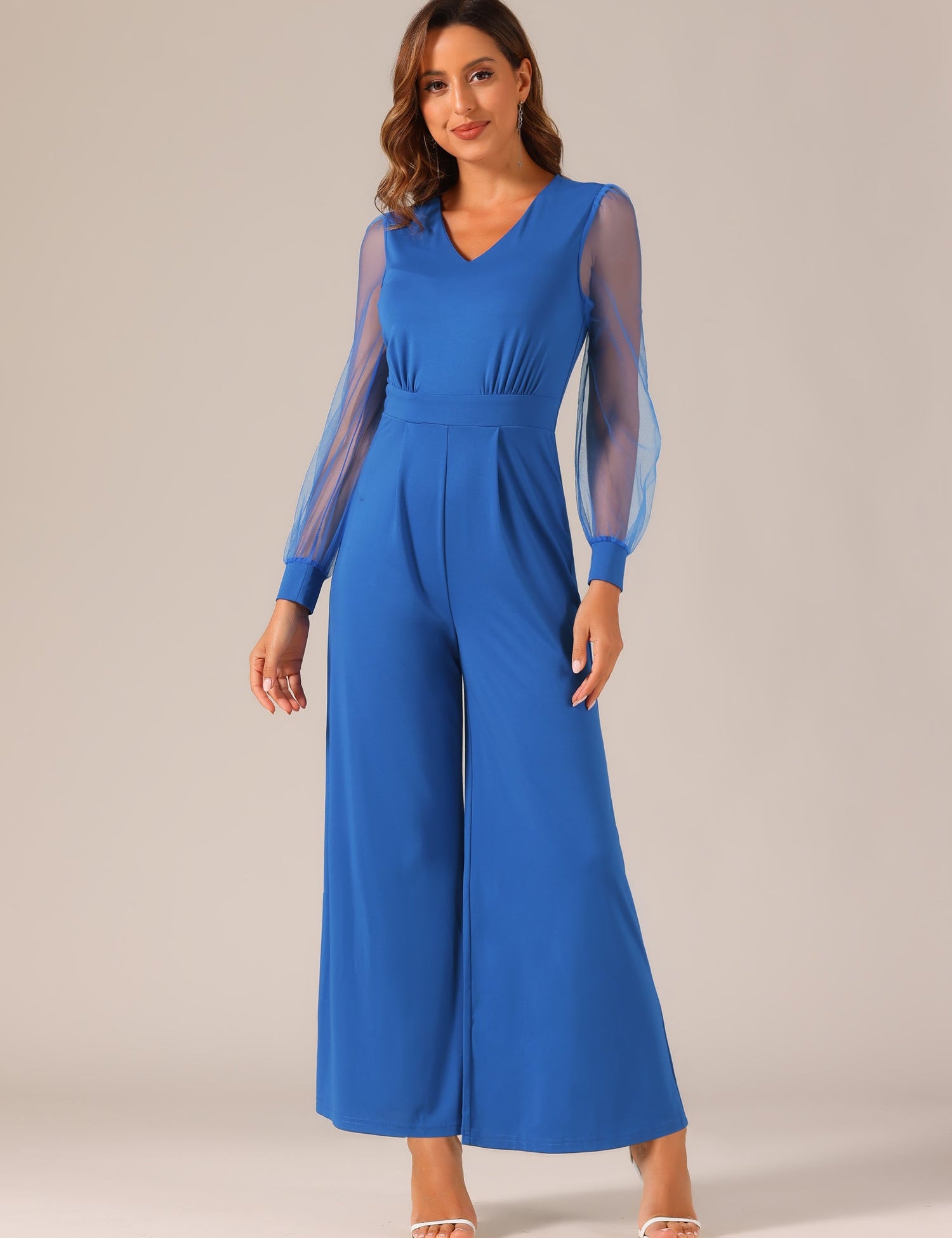 Meshvella - Women’s V-Neck Wide Leg Jumpsuit