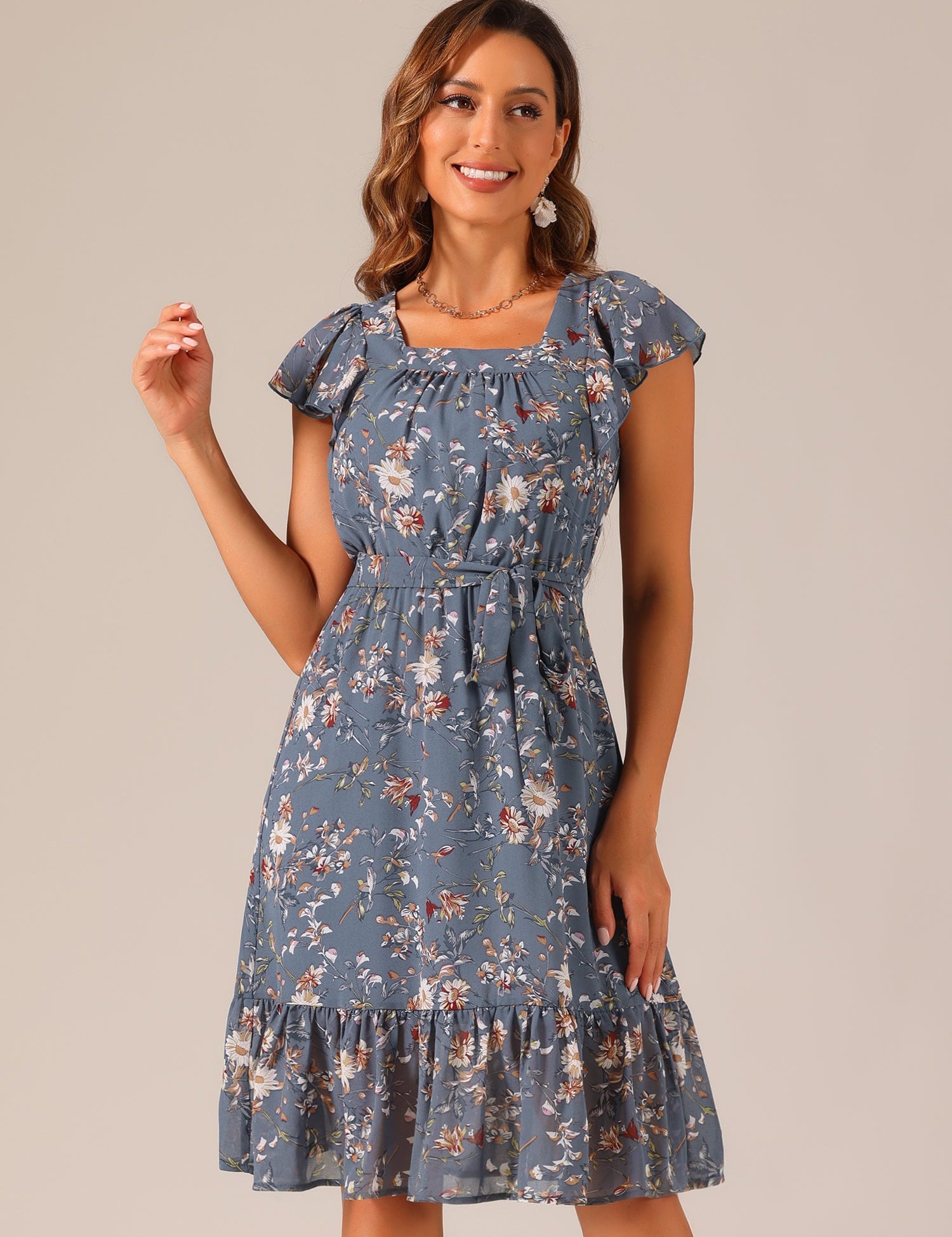 Florvella - Women’s Floral Square Neck A-Line Dress