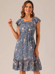 Florvella - Women’s Floral Square Neck A-Line Dress