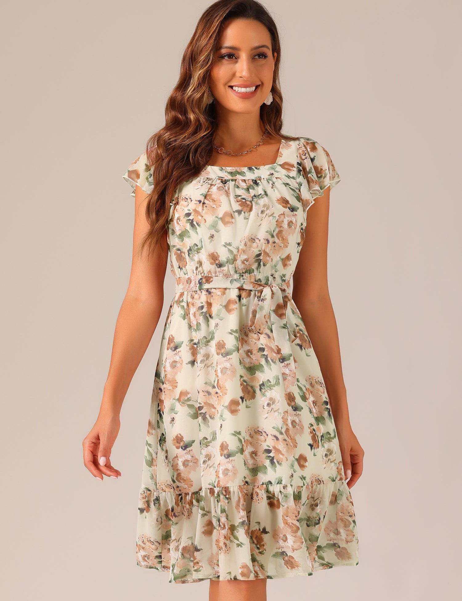 Florvella - Women’s Floral Square Neck A-Line Dress