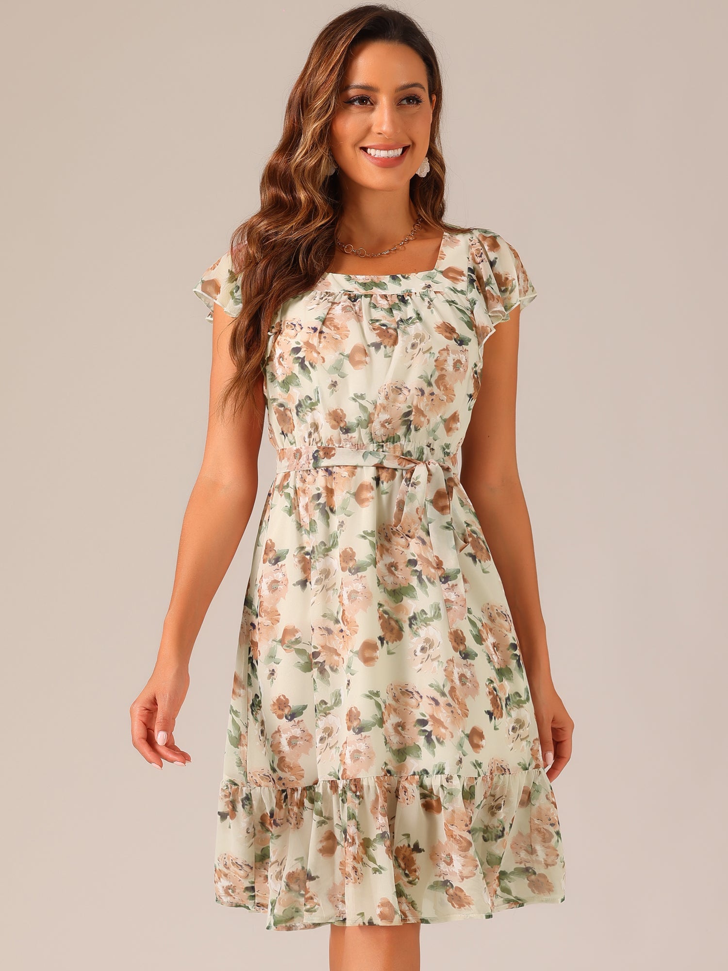Florvella - Women’s Floral Square Neck A-Line Dress